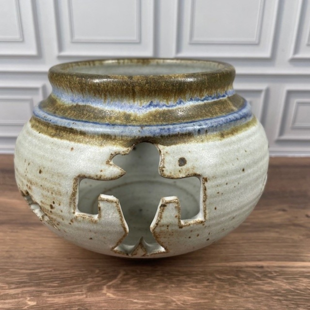 VTG 1994 Handcrafted 6" Pottery Bowl Cutout Design Firebird‎ Mountains Signed